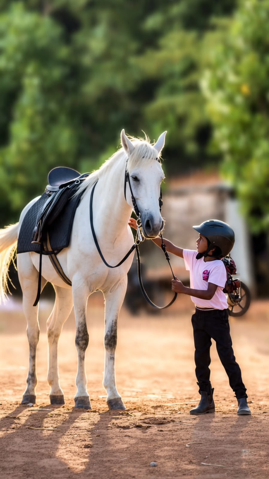 Young rider bonding with a native white horse before a lesson